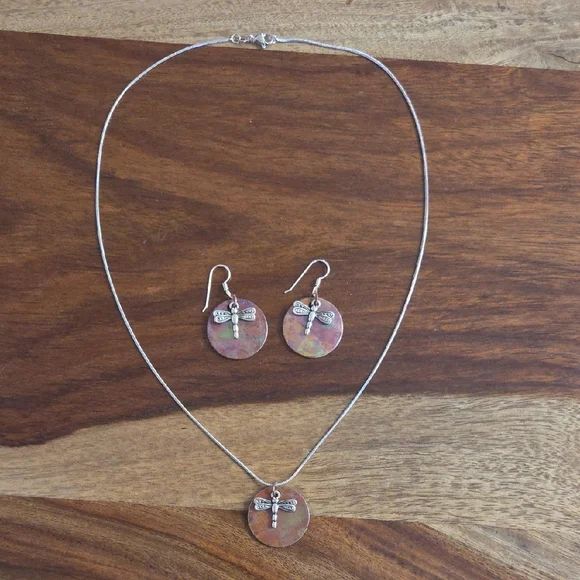 Flame Painted Dragonfly Necklace and Earring Set on a 20" chain - Picture 2 of 8